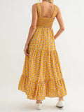Women Summer Bohemian Floral Print Sundress Smocked Square Neck Sleeveless Backless A-line Long Tiered Ruffle Dress with Pockets