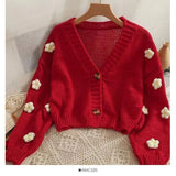 New Autumn Colourful Applique Flower Cardigan for Women Cute Long  V-neck Knit Crop Sweater Girl Soft Knitwear