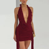 FDYOUI Elegant Halter Neck Water Drop Decoration Party Club Dress for Women 2026 Backless Bandage Folds Short Evening Dresses