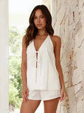Foridol Bowknot Backless Cotton Casual Women's Suit Top+shorts Matching Set Summer Spring Beach White Set Two Piece Shorts Set