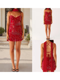 Women's Summer Sequined Flower Embroidery Beaded Bodycon Mini Dress Sleeveless Spaghetti Strap V Neck Night Out Dress with Scarf