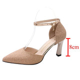 ZOKI Bling Gold Silver Women's Pumps 2024 Sexy Point Toe Thin Heel Party Wedding Shoes Woman Summer Ankle Strap High Heels Shoes