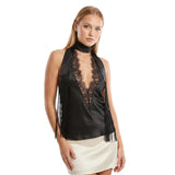 Women’s Solid Color Satin Halter Tops Lace Deep V Neck Backless Vest Summer Elegant Retro Sexy Sleeveless Shirts