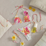 Sexy Pink Floral Print Micro Bikini 2026 Women 3D Flower Push Up Bra Tie Side Thong Swimsuit Beach Bathing Suit Holiday Swimwear
