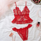 Floral Embroidery Lace Lingerie Set Sexy Women Sheer Mesh Ruffle Trim Cami Top And Panty 2 Piece Sleepwear