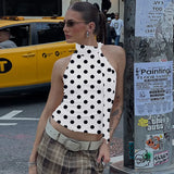 FDYOUI Elegant Bandage Off Shoulder Polka Dot Tank Tops for Women 2026 Summer Sleeveless Crop Top T-shirt Female Slim Corset