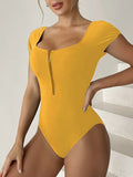 2026 Short Sleeve Swimsuit Women One Piece Solid Swimwear Female Zipper Bathers Bathing Swimming Suit Summer Beachwear Bodysuit