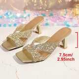 Luxury Crystal High Heels Sandals Women Fashion Square Toe Thick Heels Party Wedding Shoes Woman Plus Size Pearls Sequin Sandals