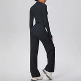 2 Pcs Women's Seamless Yoga Set Long-sleeved Wide-leg Pants Tracksuit Fitness Sports Set High-waisted Hip-lifting Slim-fit Suit