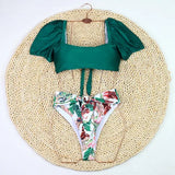 2026 Sexy Bikini Women Push Up Swimwear Swimsuit Leaf Sunflower Print High Waist Bowknot Bubble Sleeves Bikinis Set Bathing Suit