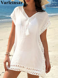 New V Neck Short Sleeve Solid Crochet Knitted Tunic Beach Cover Up Cover-ups Beach Dress Beach Wear Beachwear Female Women V7914
