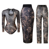 S - XXL 3PCS New Printed Long Sleeve With Pants Sarong Women Swimwear One Piece Swimsuit Female Bather Bathing Suit Swim K7180