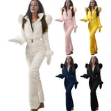 Women Winter Jumpsuit with Gloves Elastic Waist Thickened Padded Snowsuit Hooded Windproof Outdoor Ski Outfit Waterproof Jacket