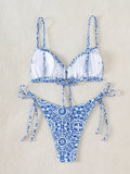 Sexy Floral Print Micro Bikinis Sets Two Pieces Blue Porcelain Swimwear Drawstring Swimsuit Women Biquini Thong Bathing Suits