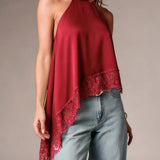 Solid Color Satin Halter Neck Vest for Women Summer Sleeveless Open Back Irregular Lace Hem Tank Tops