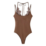 Women's Lace Patchwork Halter Neck Bodysuits Lace Backless Halter Bodysuit Strap For Women Daily Wear Bodysuits Pure Desire SSQF
