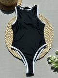 Sexy Black White Patchwork Swimsuit One Piece Zipper Back Thong Bikinis Swimwear Swimsuits Beach Outfits Bodysuit Biquini