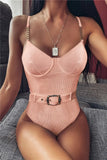 Ribbed Push up Underwired Metal Chain Women Swimwear One Piece Swimsuit Female Waist Belt Monokini Bather Bathing Suit Swim Lady