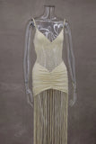 Tassel Hem Splicing Sling Dress Women Sexy Waist Hollow Out Stretch Pleated Bodycon Dresses Female Solid Summer Beach Party Robe