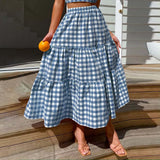 2026 Summer Vintage Checkered Maxi Skirt Women High Waisted Elastic Plaid Ruffle Long Skirts Retro Sweet Cake A  Line Skirts