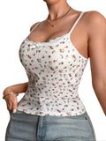 Women Ribbed Floral Cami Top Sleeveless Spaghetti Strap Tank Top Summer Slim Fit Comfy Casual Lace neckline Camisole
