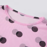 Women’s Spring Summer Crew Neck Mesh T-Shirts Long Sleeve Dots Print Slim Fit Transparent Classic Tops
