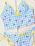 Y2k Style Women's Cherry Print Swimsuit Bow Decor Cute Swimwear Sexy V Neck Backless Lace-up Bathing Suit Beachwear Holiday Look