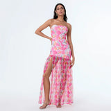 Women’s Tube Top Dress Bohemian Printed Strapless Mesh High Slit Long Dress Summer Evening Party Beach Sexy Club Dresses Summer