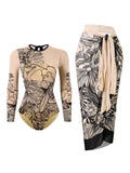 2026 Printed Mesh Swimsuit One Piece & Beach Dress Long Sleeves Swimwear Women Bathing Swimming Swim Suit Padded Beachwear