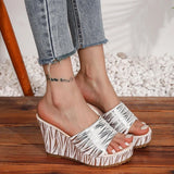 Fashion Stripe Print Thick Bottom Slippers Women New Wedge Chunky Platform Sandals Woman Summer Daily High Heel Slides Female