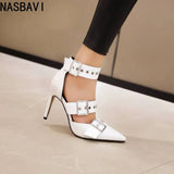 NASBAVI Black Punk Gothic High Heels Sexy Plus Size Pointed Toe Fashion Buckle Rivet Women Pumps Wedding Shoes Stiletto Heels