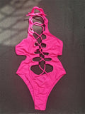 Hollow Out Swimwear Women 2025 High Neck Solid Black Cut Out Backless Monokini Bandage Bathing Suit Holiday One Piece Swimsuit