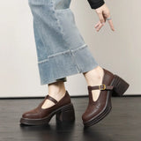 Ladies Retro Style High Heel Single Shoes for Women Platform Thick Heel Buckle Design Casual Loafers T-strap Leather shoes New