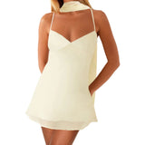 Women Fashion Floral Print/Solid Color Sleeveless Back Bandage Cami Dresses Summer Backless Mini Dress with Choker Scarf