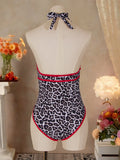 Sexy Red Leopard Print Contrast One Piece Swimsuit 2026 Women Pearls Hollow Out Deep V Neck Backless Slim Bathing Suit Swimwear