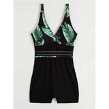 New V Neck Leaves Printed Shorts One Piece Swimsuit Women Swimwear Female Monokini Padded Bather Bathing Suit Swim Lady K4142