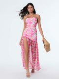 Women’s Tube Top Dress Bohemian Printed Strapless Mesh High Slit Long Dress Summer Evening Party Beach Sexy Club Dresses Summer