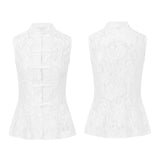 2026 Summer Women's Retro Lace Tops Elegant Mandarin Collar Chinese Frog Buttons Peplum Sleeveless Vest Blouses