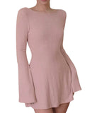 Women Spring Autumn Mini Dress Long Sleeve Crew Neck Backless Solid Color A-line Dress for Party Club