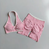 2pcs Women's Seamless Push-up Sports Vest Bra Set with High Elastic Hip Lifting Shorts for Running Aerobics Yoga