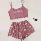Summer Pajama Set for Women Sleepwear Sexy Lingerie Pink Moon and Planet Print Camisole and Shorts Sets Comfortabl Casual Suit