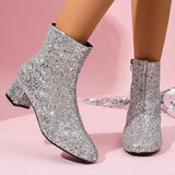 Women's Sparkling Silvers Glitter Ankle Boots Fashion Chunky Mid Heel Zipper Short Boots Women Round Toe Plus Size Botas Mujer