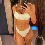 Frilled Ruffled Wrinkled Mid Waist Bikini Women Swimwear Female Swimsuit Two-pieces Bikini Set Bather Bathing Suit Swim V5844
