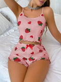 Summer Strawberry Print 2PCS Pajama Set Women's Casual Sleepwear Suspender Crop Tops and Shorts Comfortable Home Wear