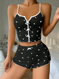 Women's Cute Pajama Set Heart Print Lettuce Trim Bow Front Cami Top and Shorts Pj Set Soft Sleepwear