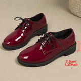 Pink Patent Leather Oxford Shoes Women Fashion Lace Up Pointed Toe Med Heel Pumps Woman Plus Size 43 Thick Heels Office Shoes