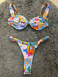 Printed Mini Thong V-bar Underwired Bikini Female Swimsuit Women Swimwear Two-pieces Bikini Set High Cut Bathing Suit Swim Lady