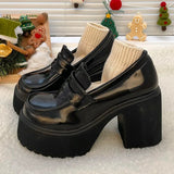 Punk Style Chunky Platform Pumps Women Black Pu Leather Super High Heel Loafers Woman Slip On Thick Heels Lolita Mary Jane Shoes