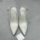Women White Patent Leather Slingback Pumps Pointed Toe Thin Stiletto High Heels Buckle Strap Dress Shoes for Wedding Party Offic