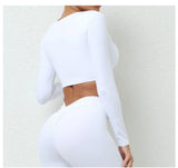 Long Sleeve Gym Crop Tops for Women Twist Deep V Workout Quick Dry Padded Sports Fitness Yoga T-Shirt